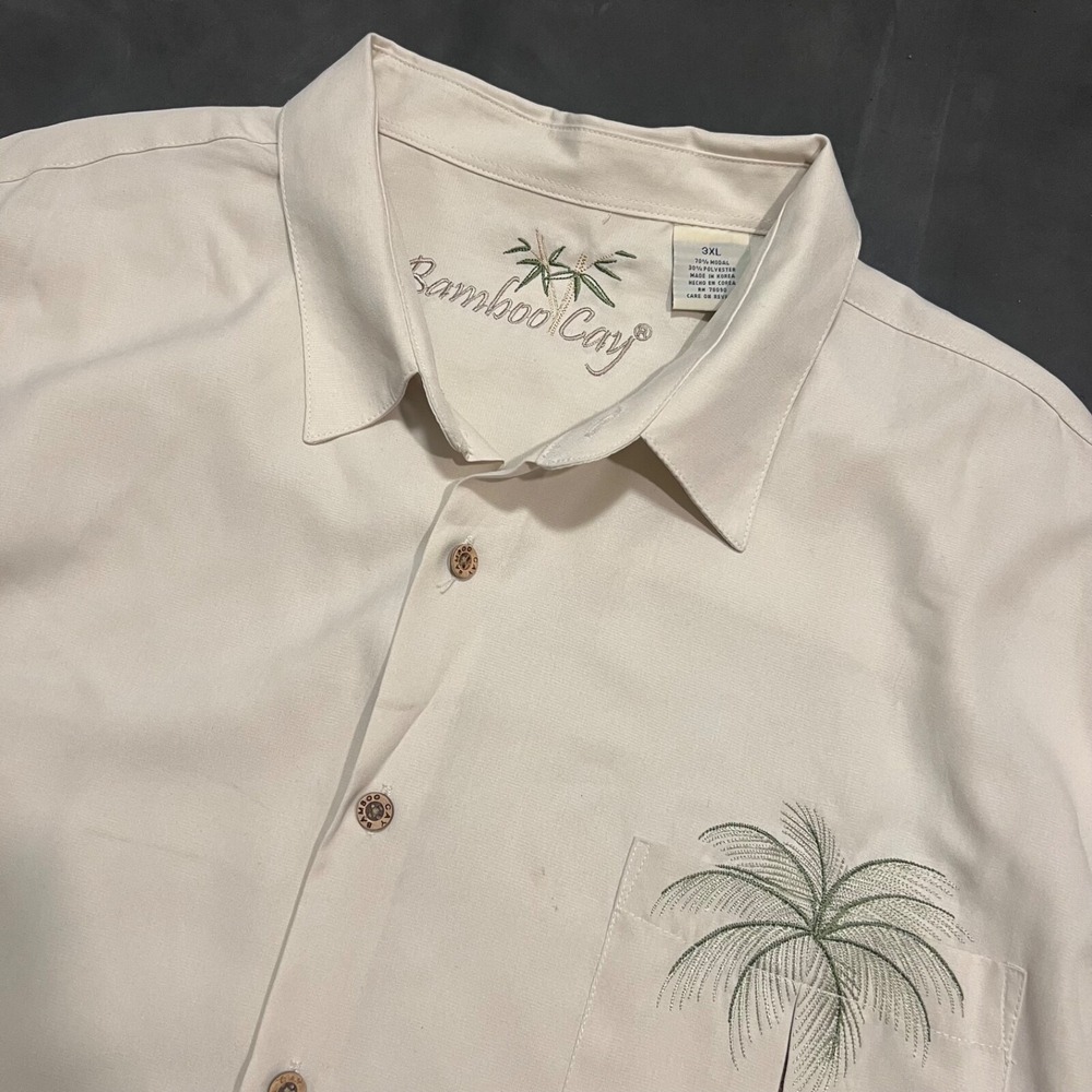 Bamboo Cay Palm Tree Embroidered Hawaiian‎ Resort Wear Mens Shirt Cream size 3XL